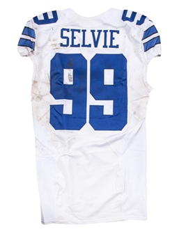 2014 George Selvie Game Used Dallas Cowboys White Jersey Photo Matched To 11/9/2014 Game at Wembley Stadium - Includes "Remembrance Day" Poppy Patch (NFL-PSA/DNA)